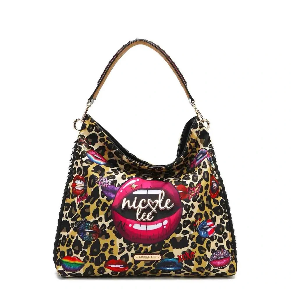 Nicole Lee Multicolor Lips and Leopard Hobo Bag
